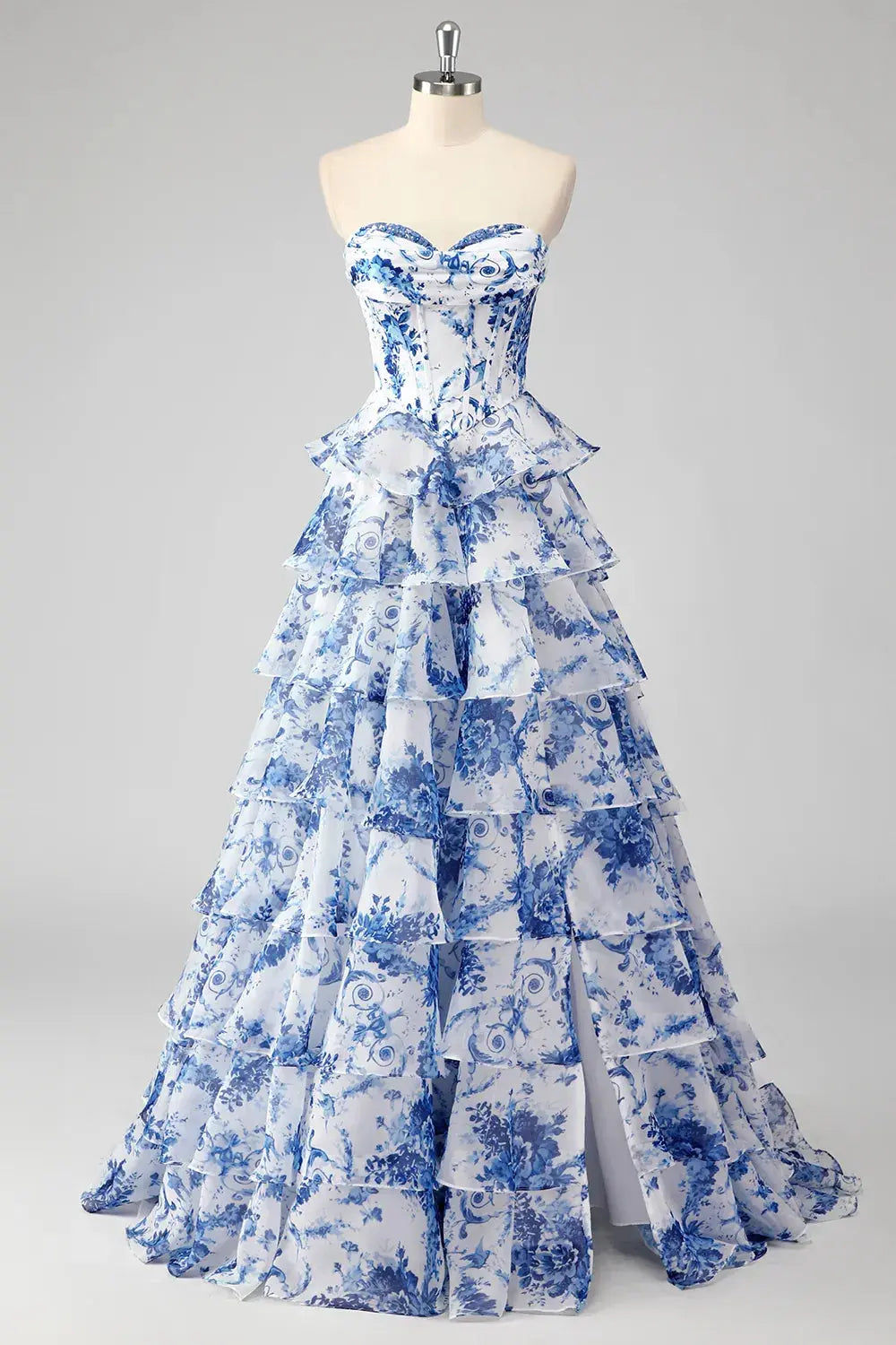A-Line/Princess Floral Blush Tiered Chiffon Long Corset Prom Dress with Slit