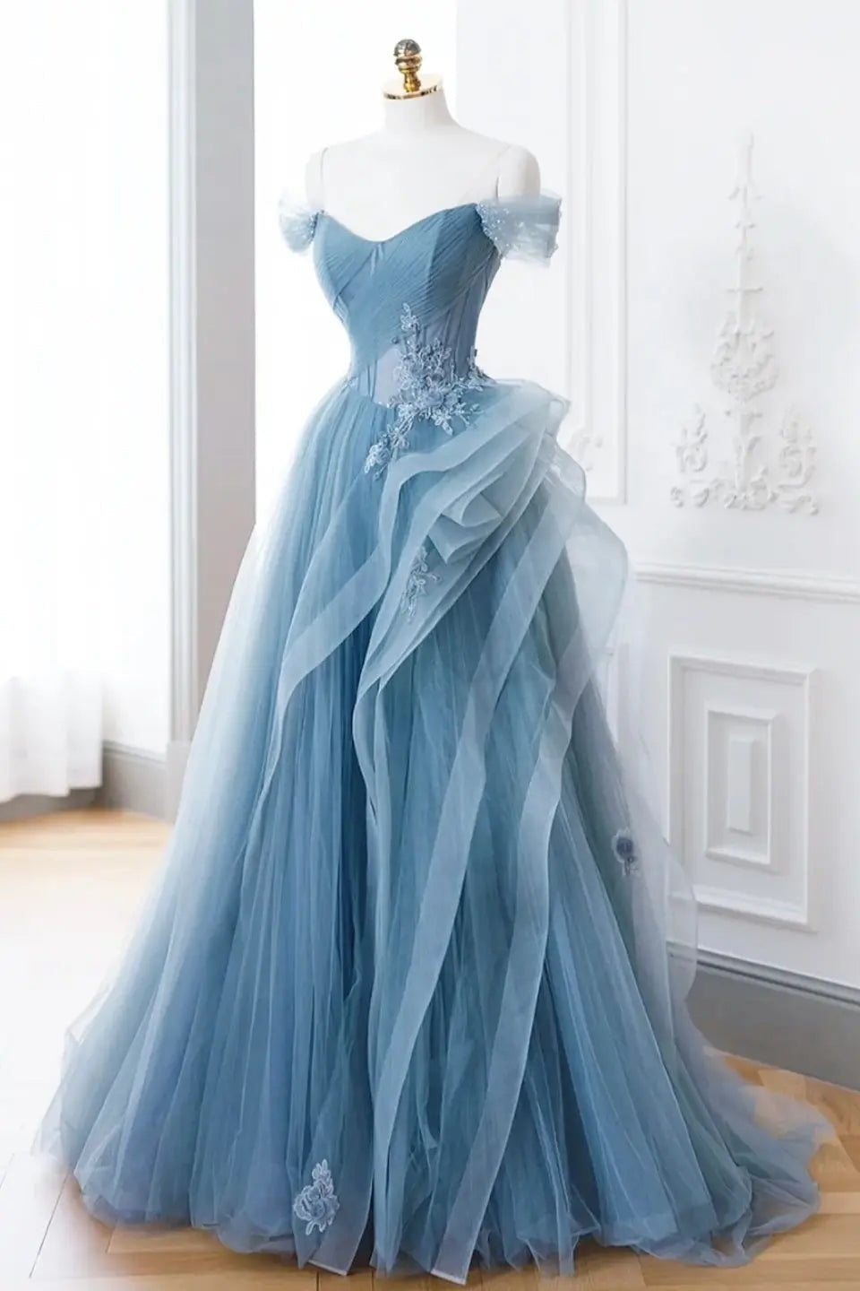 A-Line Blue Tulle Lace Long Formal Dress Off the Shoulder Formal Evening Dress