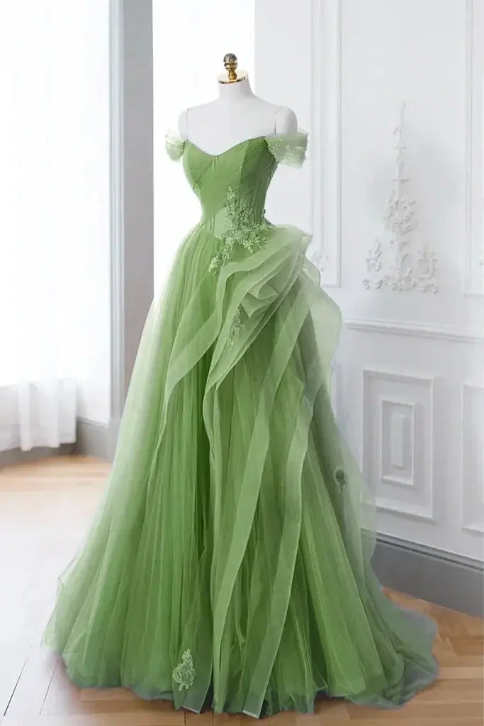A-Line Blue Tulle Lace Long Formal Dress Off the Shoulder Formal Evening Dress