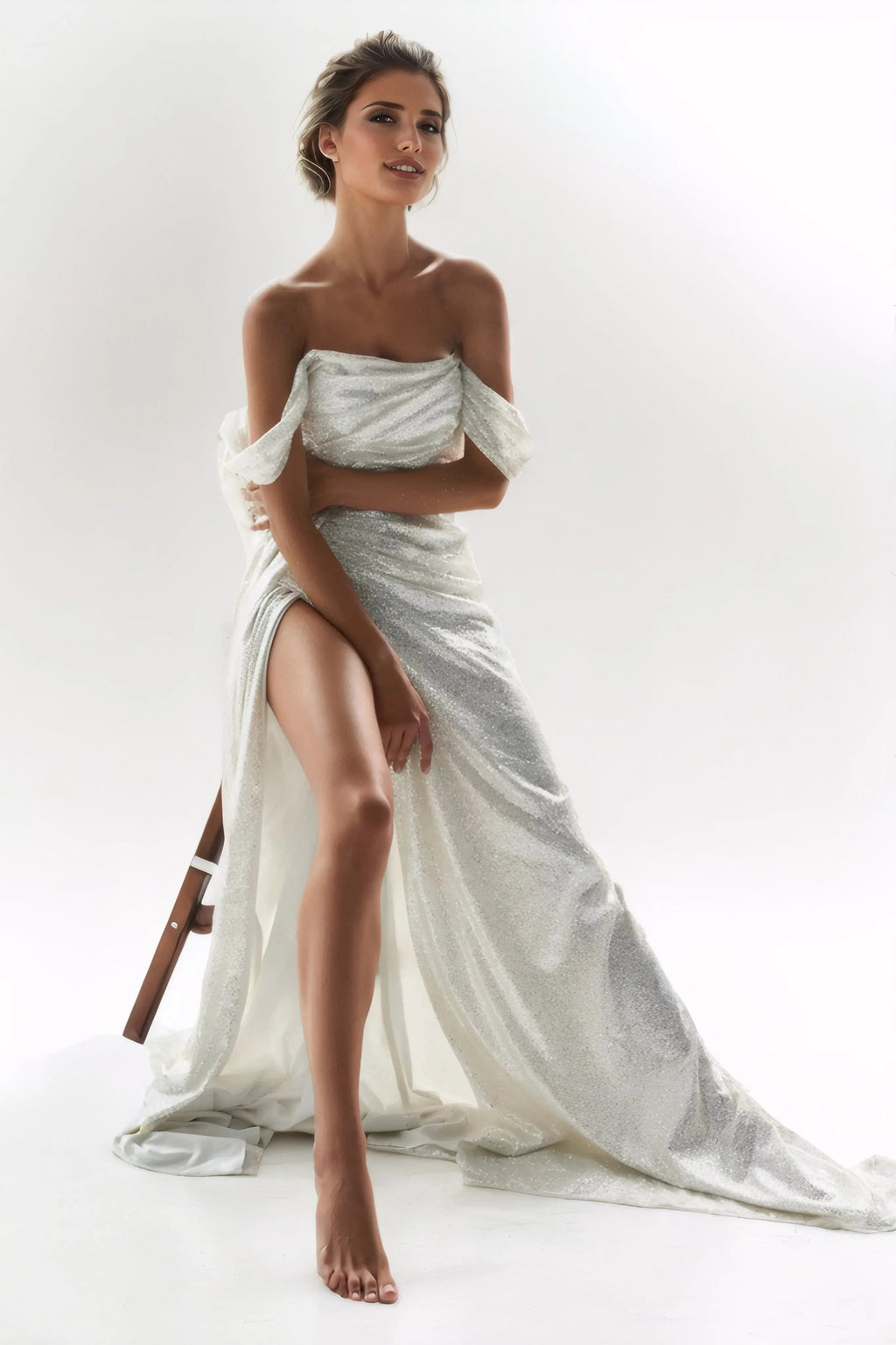 Off-Shoulder Sequin Evening Gown with Train & Thigh Slit for Wedding Guest and Prom