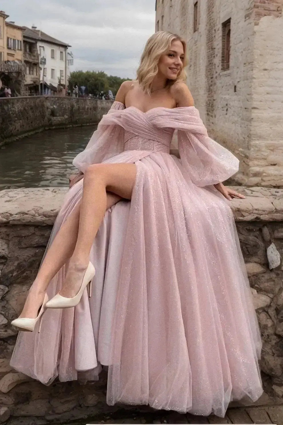 A-Line/Princess Tulle Ruched Long  Off-the-Shoulder Long Sleeves Prom Dresses Detachable Sleeves
