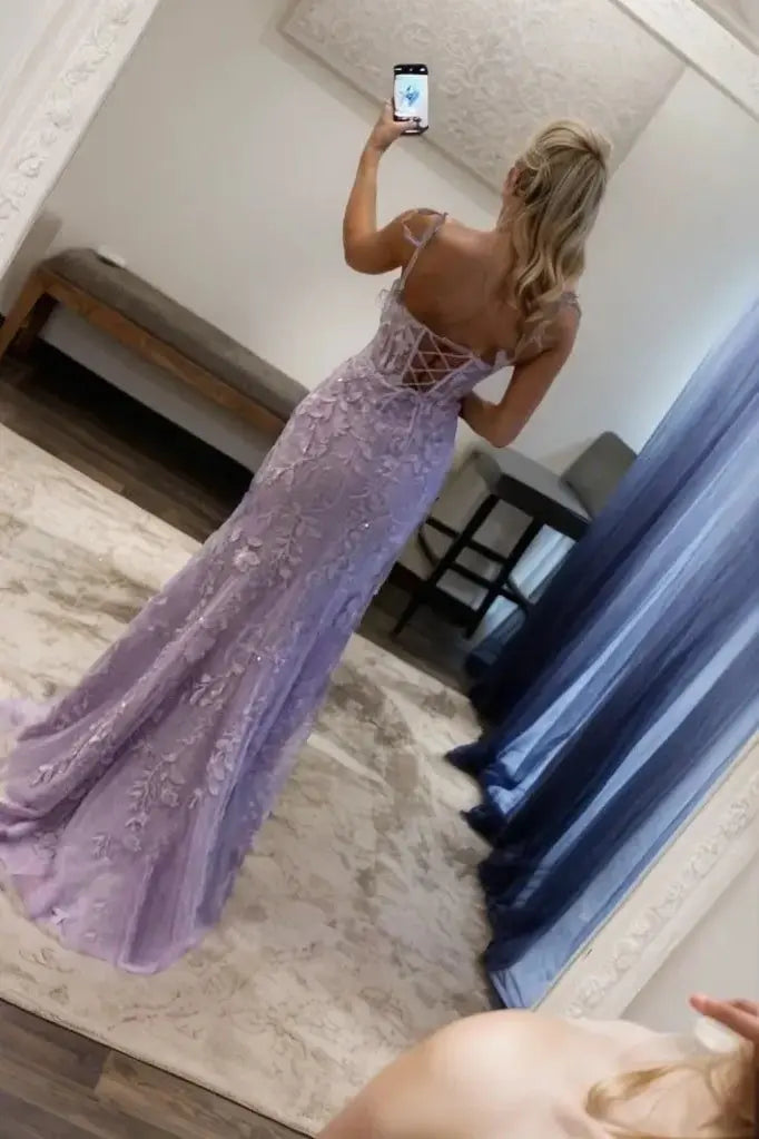 Trumpet/Mermaid Sleeveless Spaghetti Straps Sweep/Brush Train Lace Tulle Prom Dresses