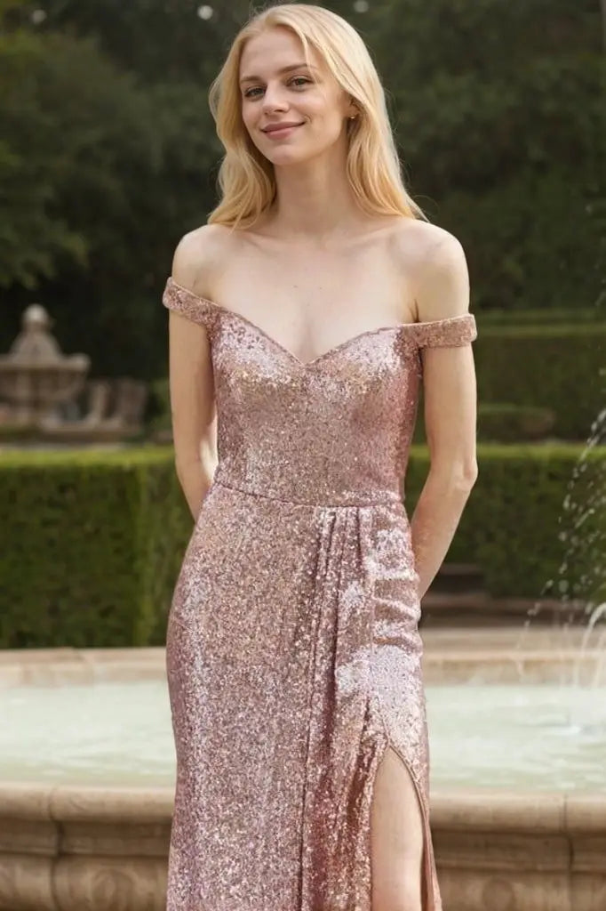Sheath/Column Sequins Ruffles Off-the-Shoulder Sleeveless Sweep/Brush Train Prom Dresses