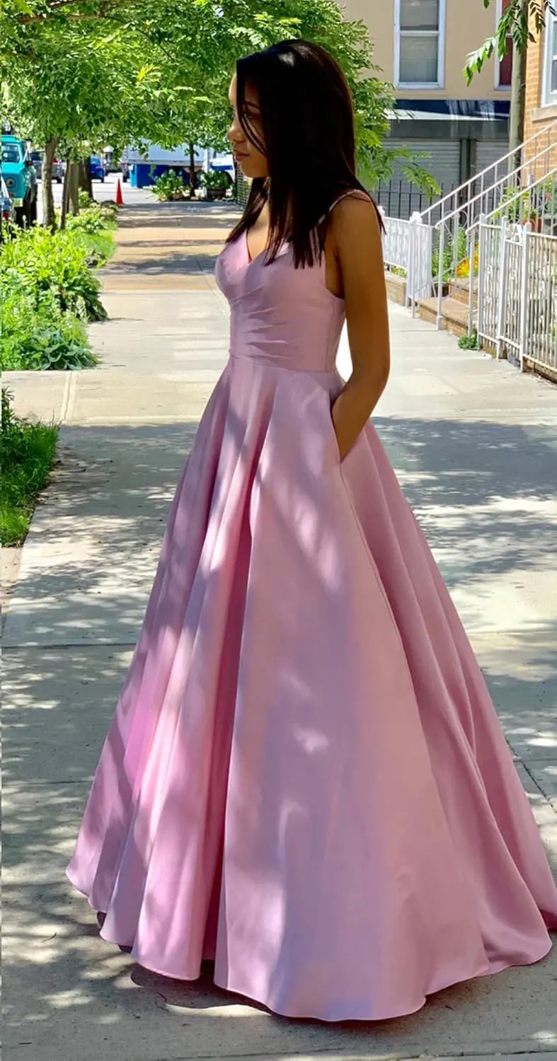 Halter Long Satin Modest Pink Prom Dresses Pocket Formal Evening Gowns