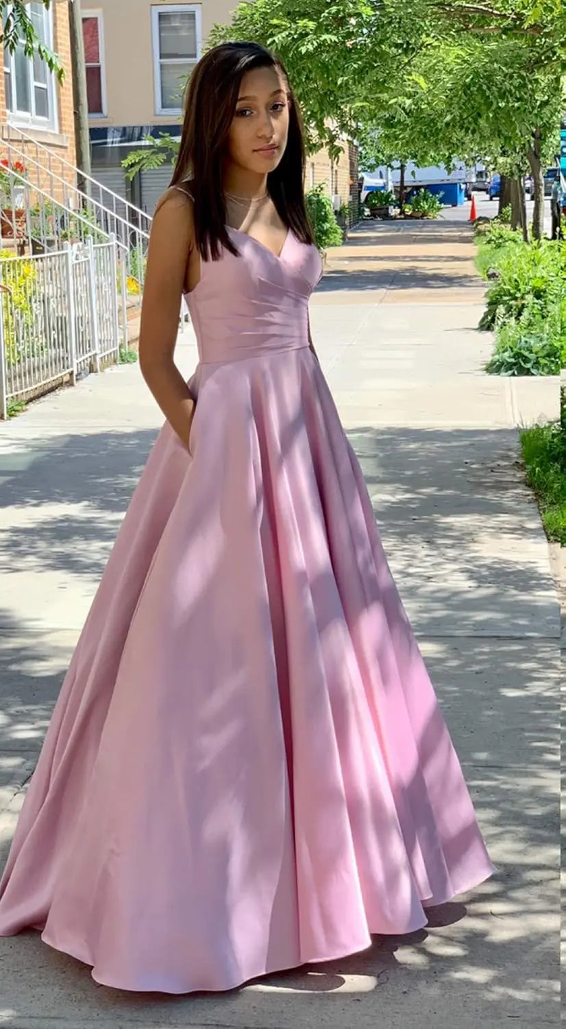 Halter Long Satin Modest Pink Prom Dresses Pocket Formal Evening Gowns
