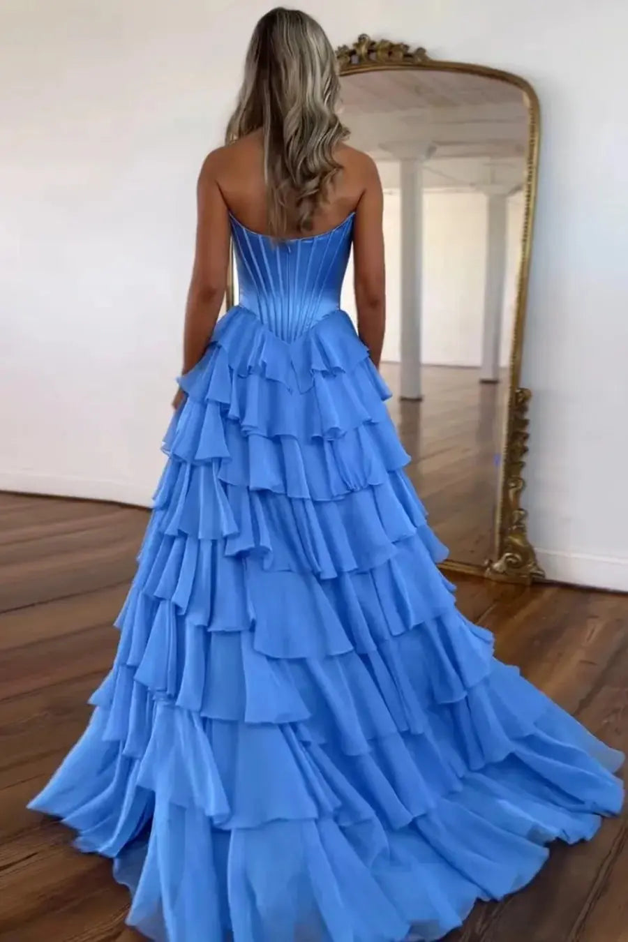 A Line Blue Sweetheart Chiffon Ruffled Long Corset Prom Dress with Slit
