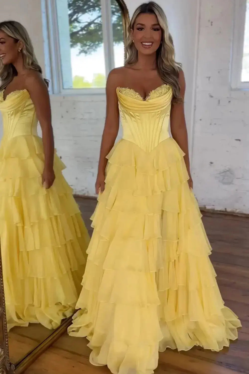 A Line Blue Sweetheart Chiffon Ruffled Long Corset Prom Dress with Slit