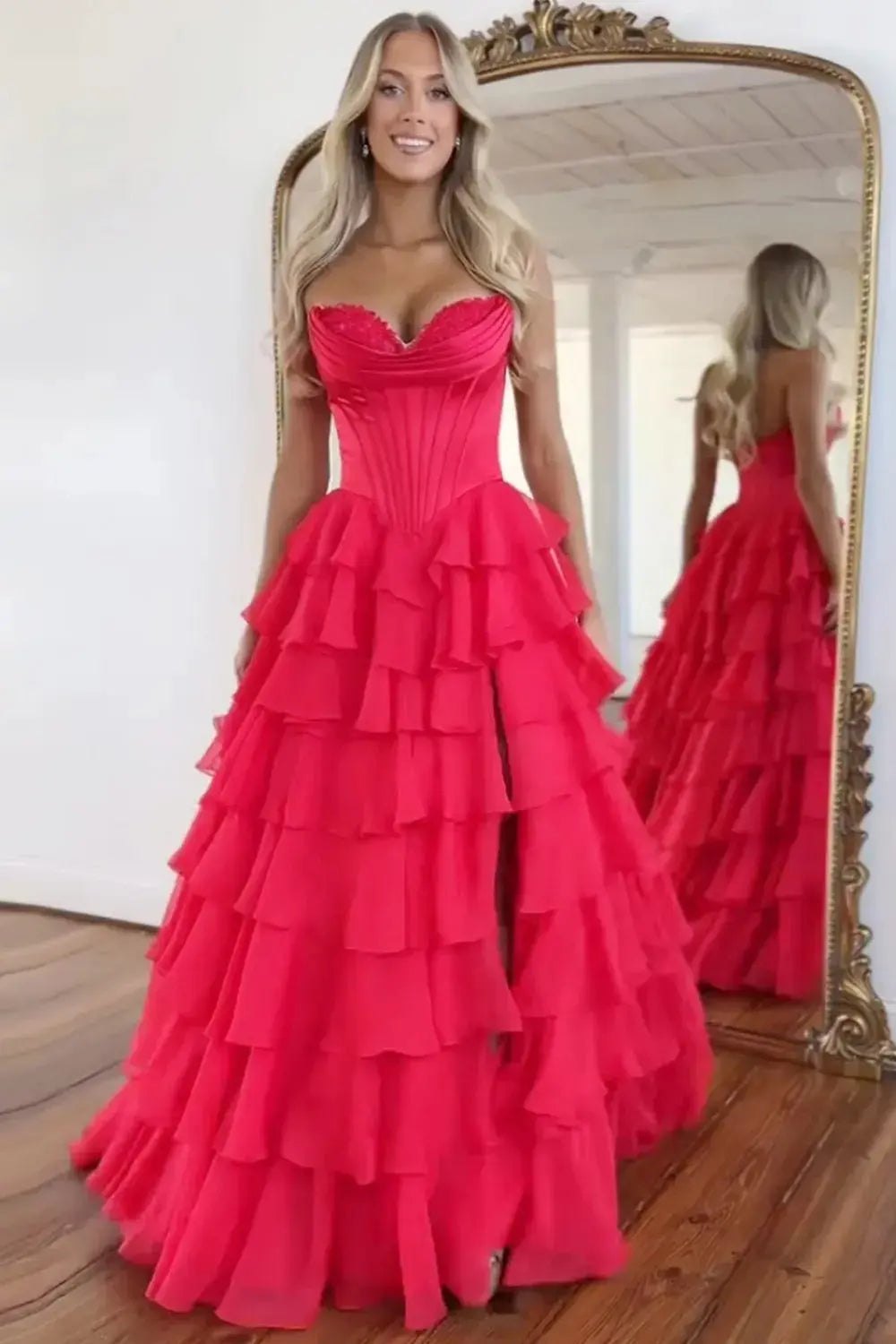 A Line Blue Sweetheart Chiffon Ruffled Long Corset Prom Dress with Slit