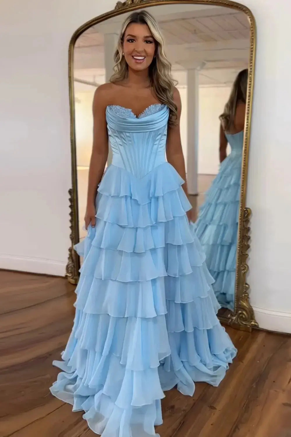 A Line Blue Sweetheart Chiffon Ruffled Long Corset Prom Dress with Slit