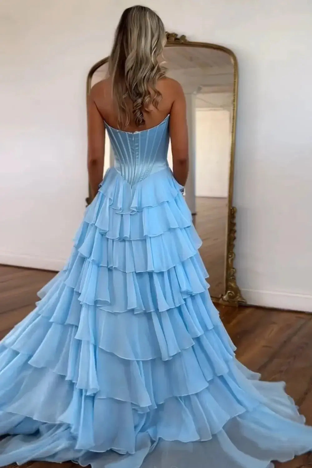 A Line Blue Sweetheart Chiffon Ruffled Long Corset Prom Dress with Slit