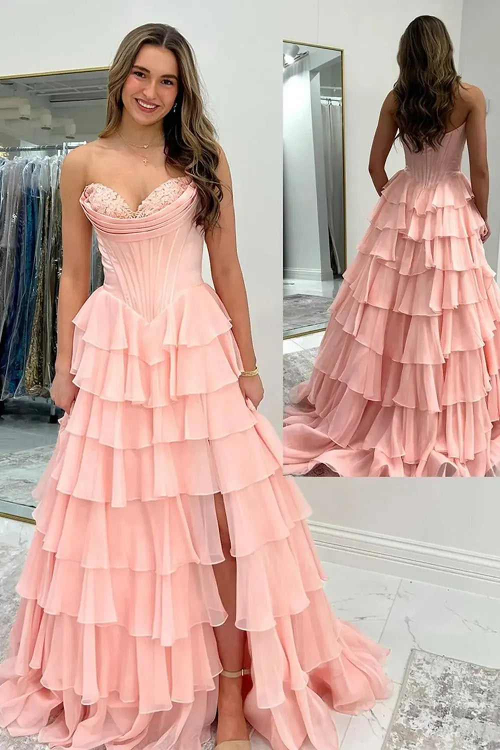A Line Blue Sweetheart Chiffon Ruffled Long Corset Prom Dress with Slit