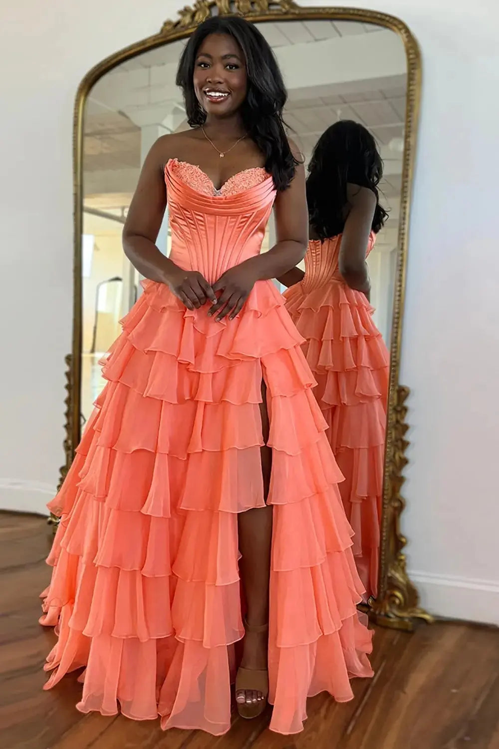 A Line Blue Sweetheart Chiffon Ruffled Long Corset Prom Dress with Slit