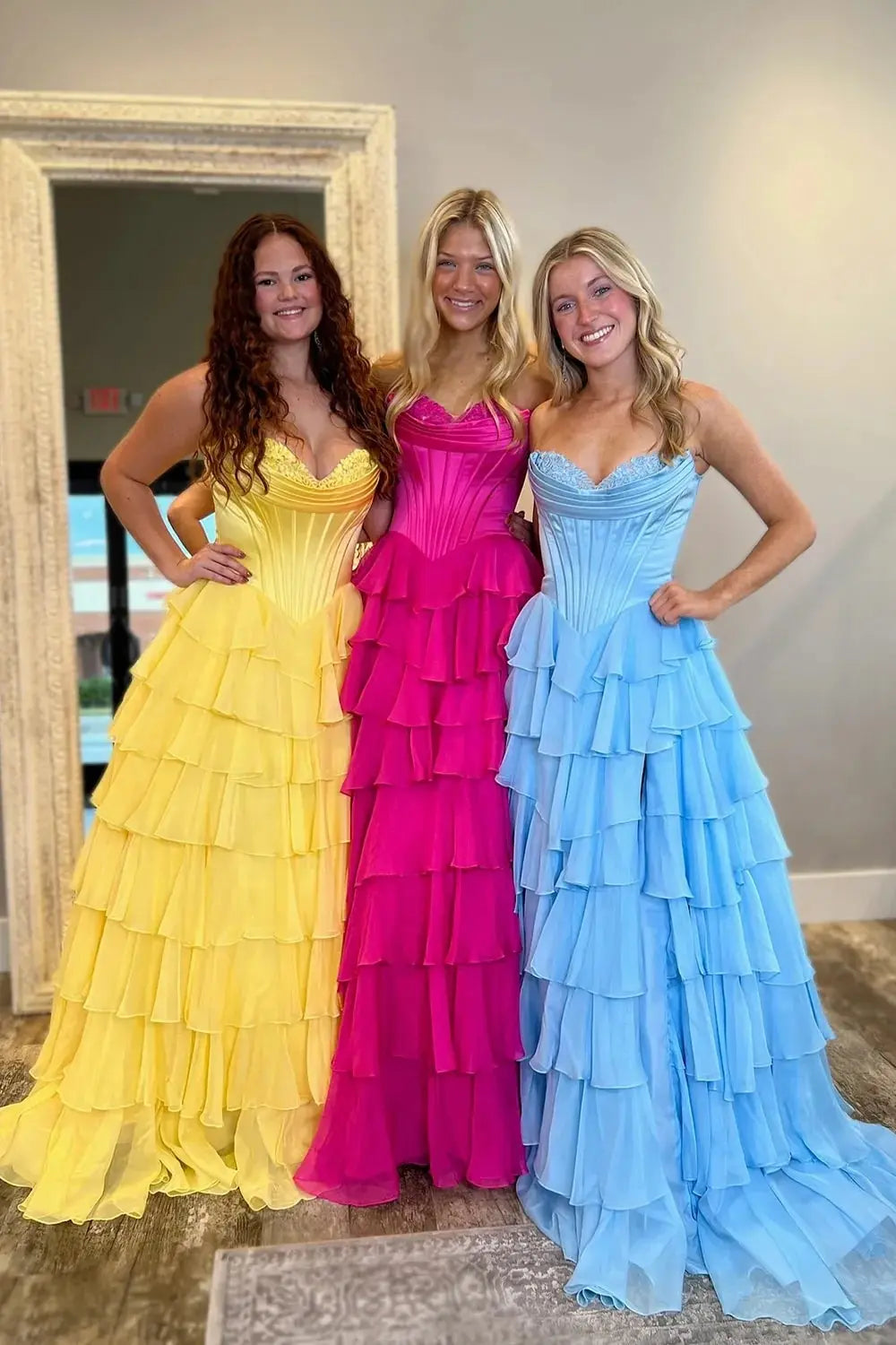 A Line Blue Sweetheart Chiffon Ruffled Long Corset Prom Dress with Slit
