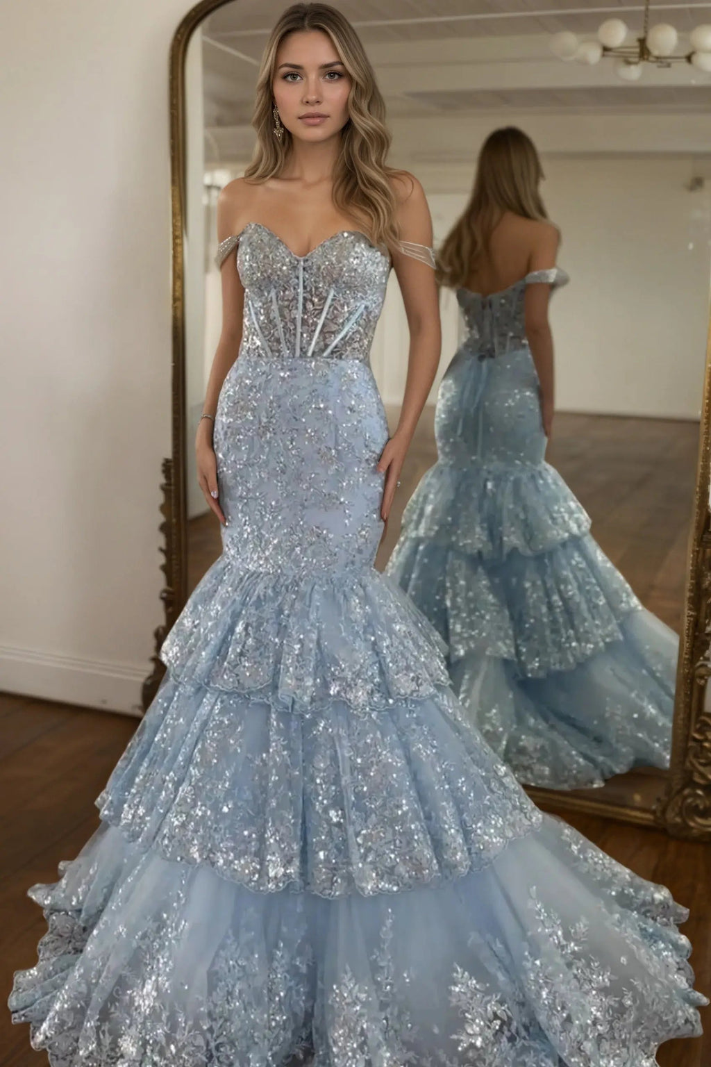 Light Blue Mermaid Off the Shoulder Tulle Tiered Long Corset Prom Dress with Sequins