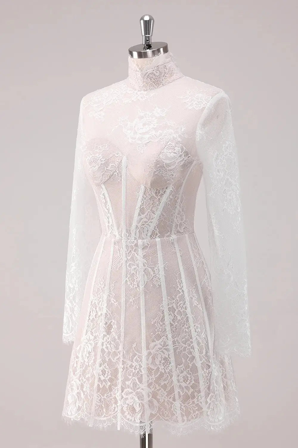 Elegant White Lace High Neck Corset Mini Homecoming Dress with Long Sleeves