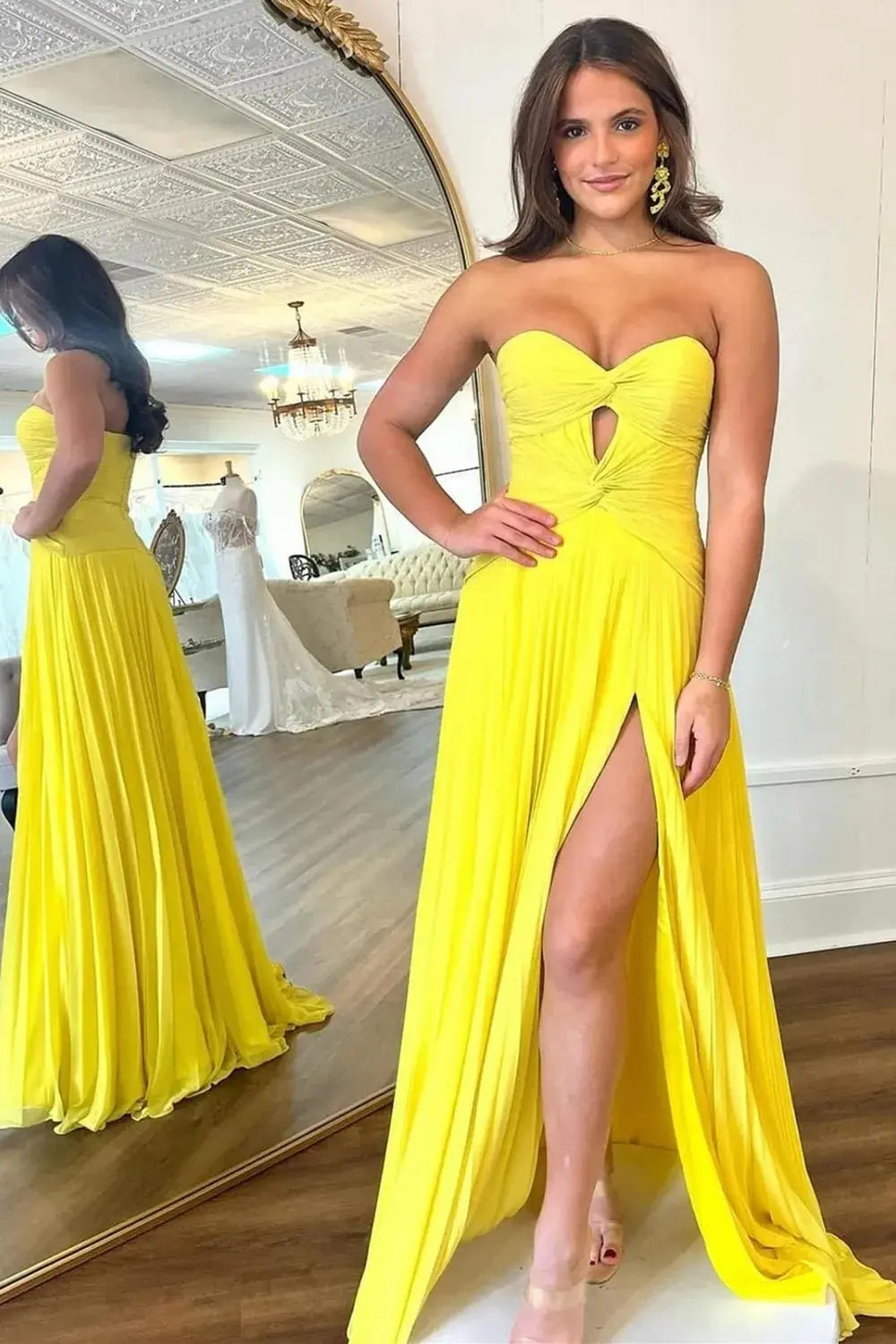 A Line Green Strapless Sweetheart Keyhole Long Pleated Prom Dress with Slit