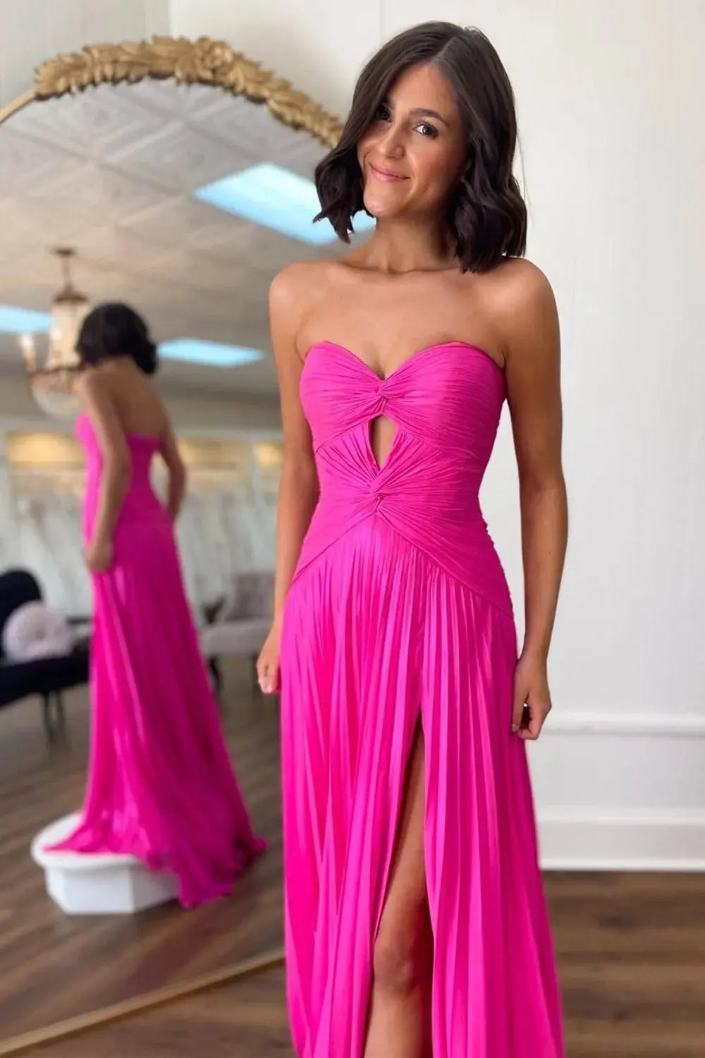 A Line Green Strapless Sweetheart Keyhole Long Pleated Prom Dress with Slit