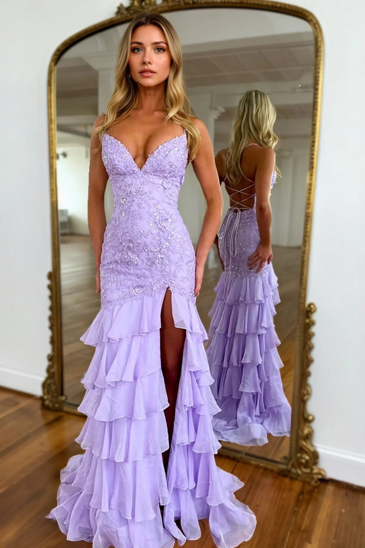 Mermaid Sparkly Lilac Lace Appliques Sheath Tiered Long Chiffon Prom Dress with Slit