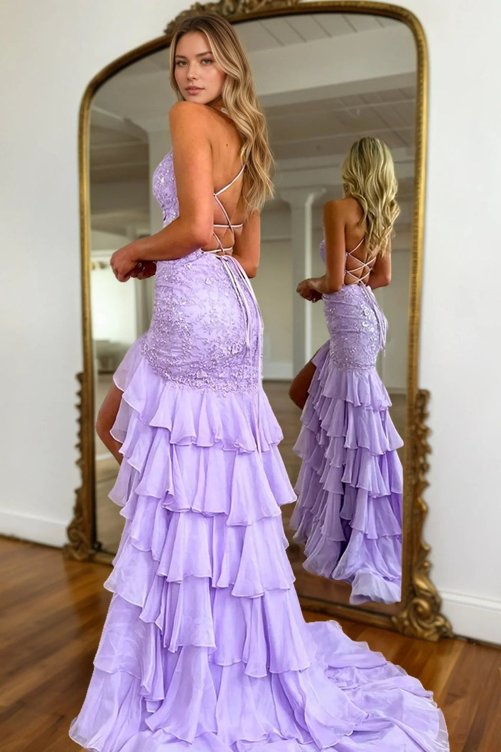 Mermaid Sparkly Lilac Lace Appliques Sheath Tiered Long Chiffon Prom Dress with Slit