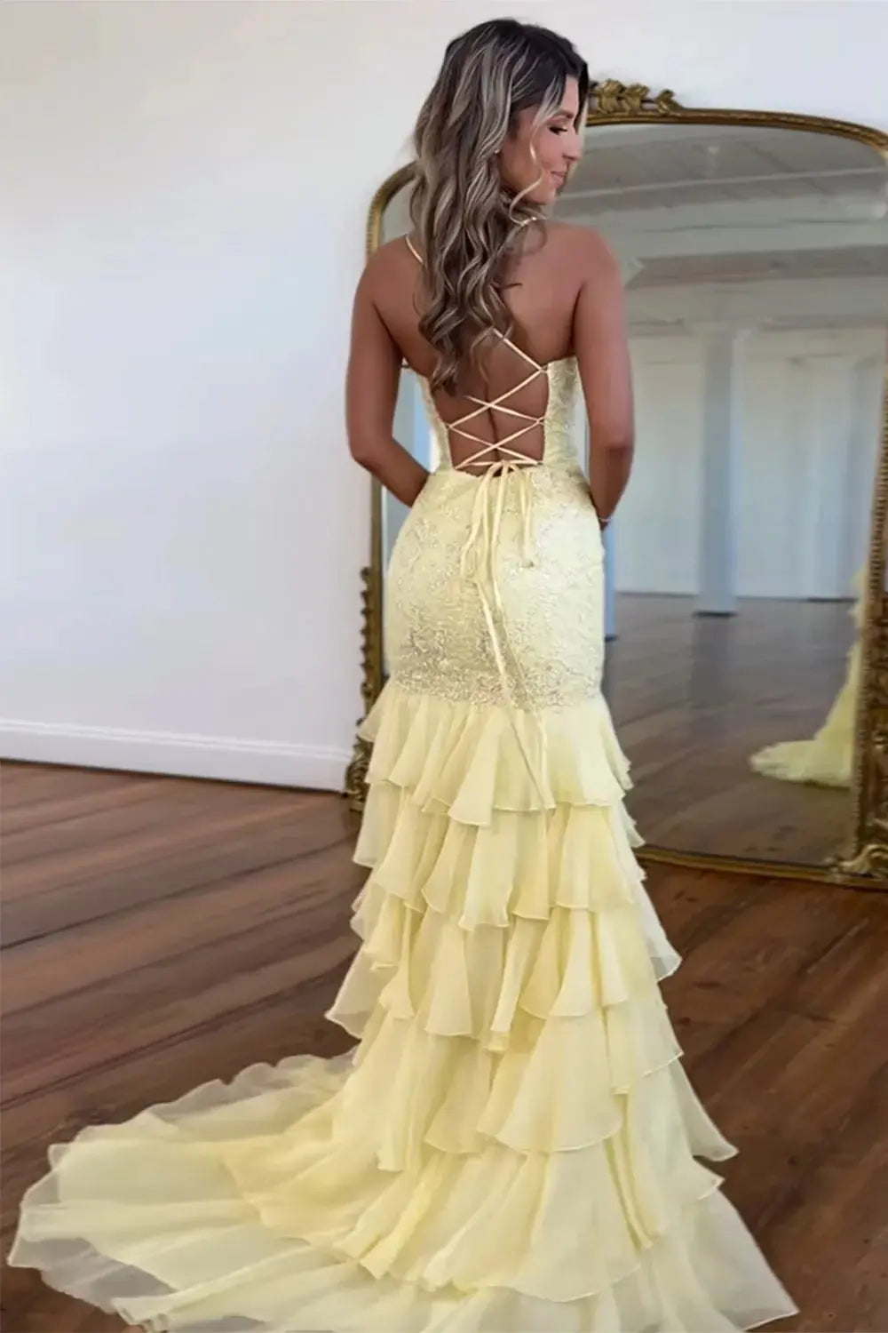 Mermaid Sparkly Lilac Lace Appliques Sheath Tiered Long Chiffon Prom Dress with Slit