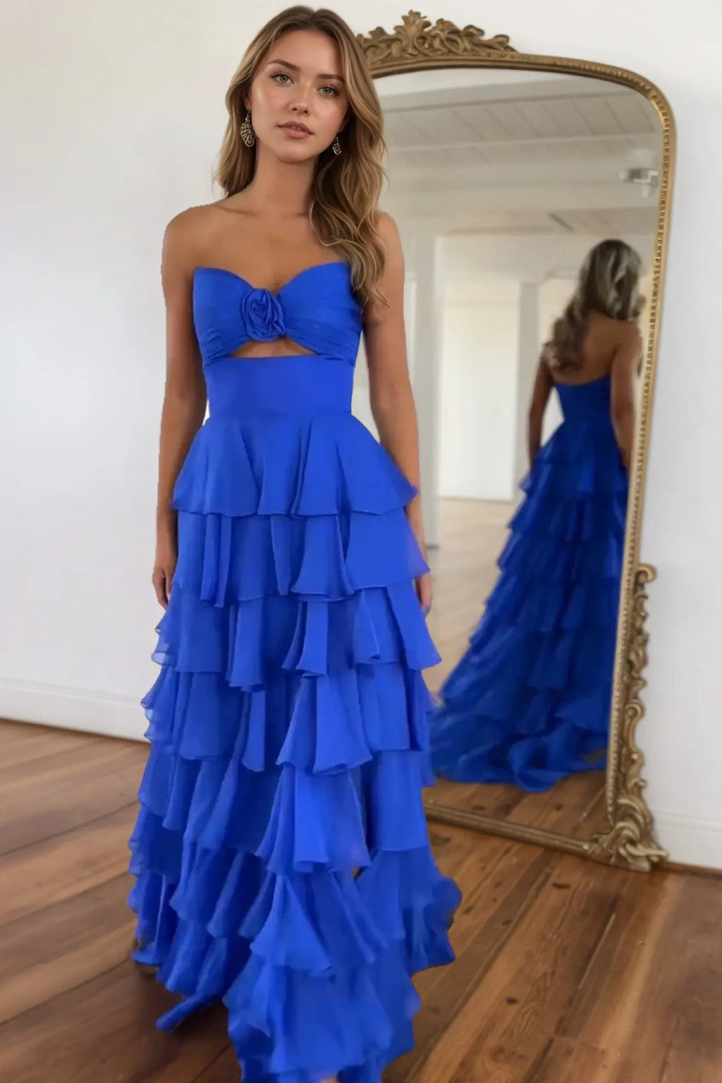 A-Line Black Sweetheart Chiffon Tiered Long Prom Dress with Slit