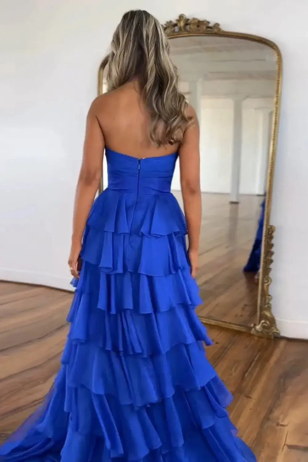 A-Line Black Sweetheart Chiffon Tiered Long Prom Dress with Slit