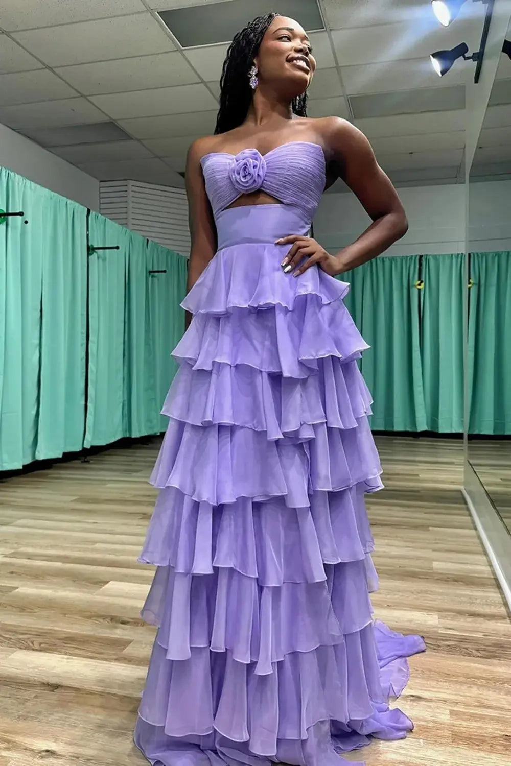 A-Line Black Sweetheart Chiffon Tiered Long Prom Dress with Slit