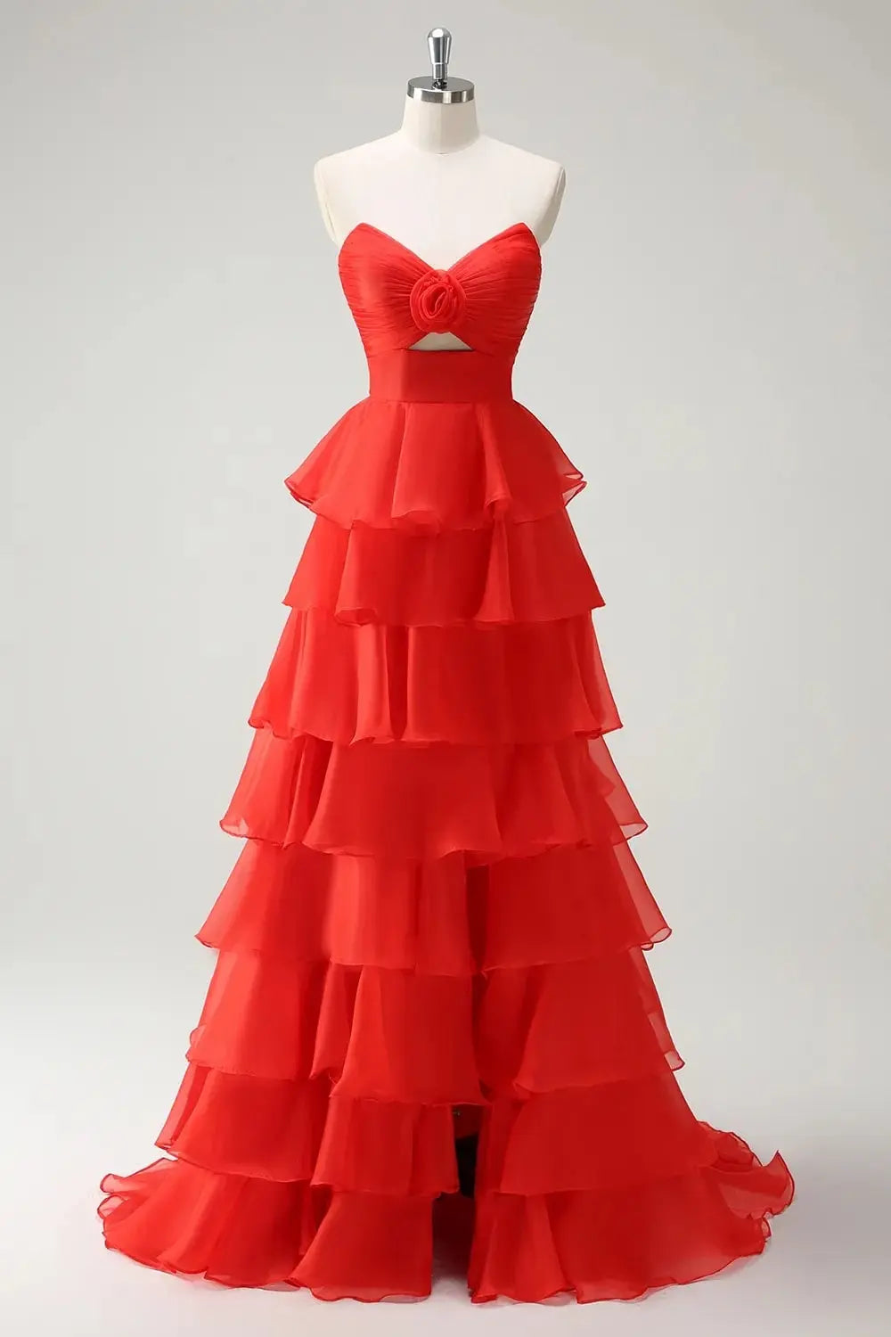 A-Line Black Sweetheart Chiffon Tiered Long Prom Dress with Slit