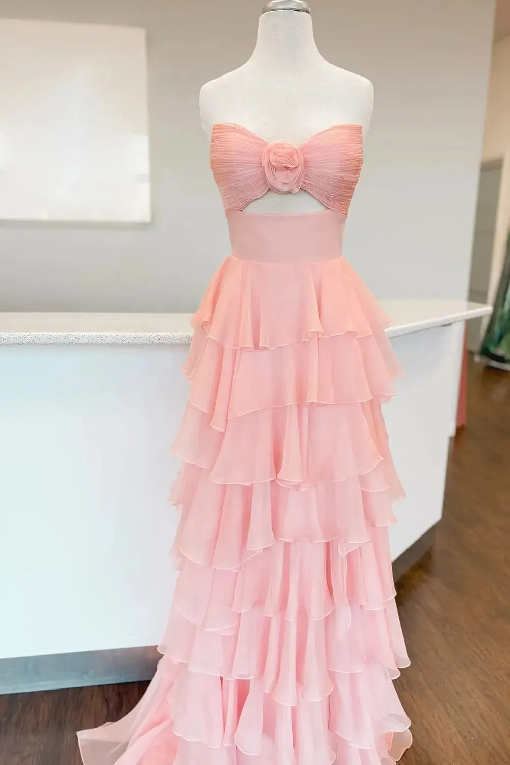A-Line Black Sweetheart Chiffon Tiered Long Prom Dress with Slit