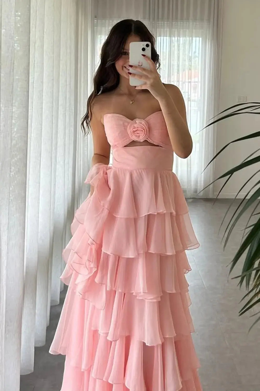 A-Line Black Sweetheart Chiffon Tiered Long Prom Dress with Slit
