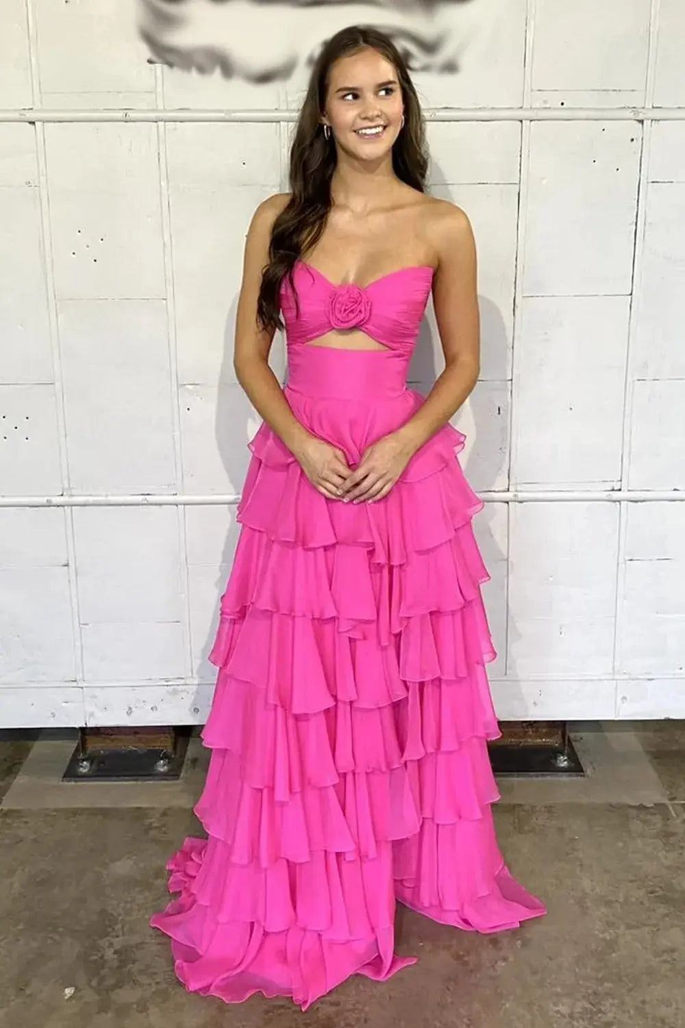 A-Line Black Sweetheart Chiffon Tiered Long Prom Dress with Slit