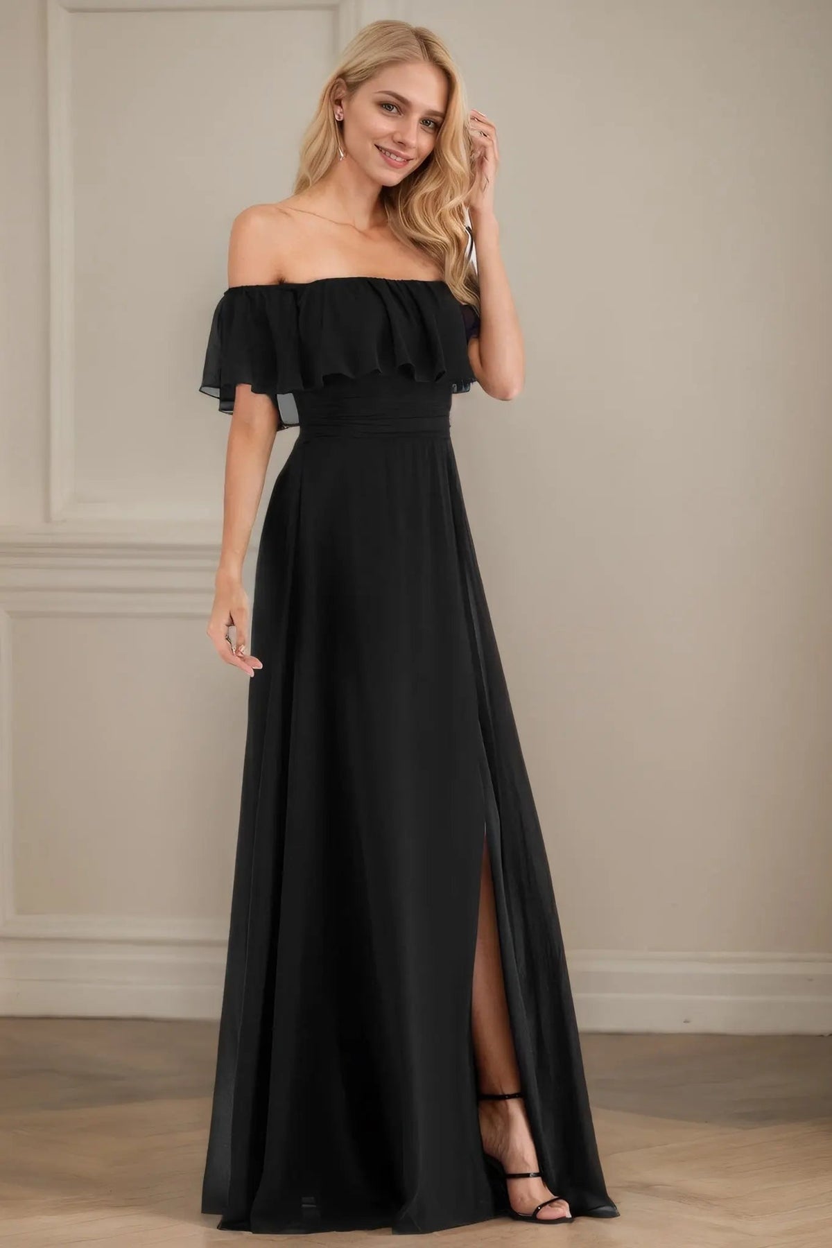 A-Line/Princess Chiffon Ruffles Off-the-Shoulder Short Sleeves Floor-Length Bridesmaid Dresses