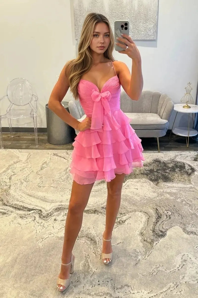 A Line Blue Chiffon Tiered Short Homecoming Dress with Ruffles