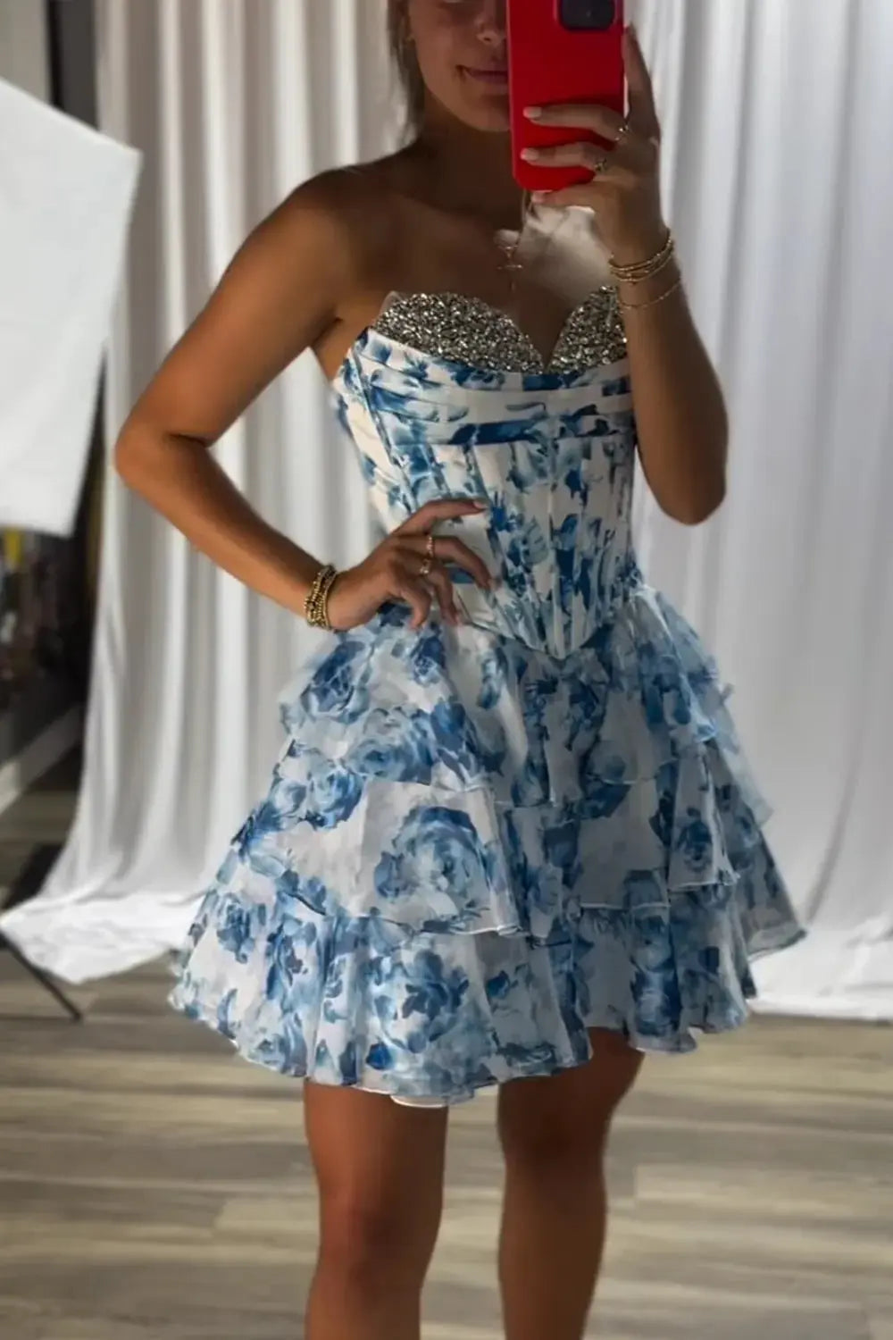 A Line Sparkly Pink Corset Short Floral Homecoming Dress with Beading