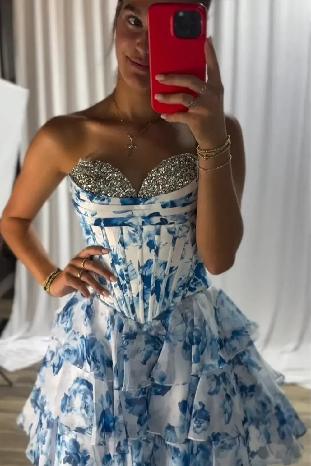 A Line Sparkly Pink Corset Short Floral Homecoming Dress with Beading