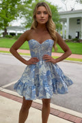 A Line Blue Strapless Floral Printed Corset Short Homecoming Dress with Ruffles