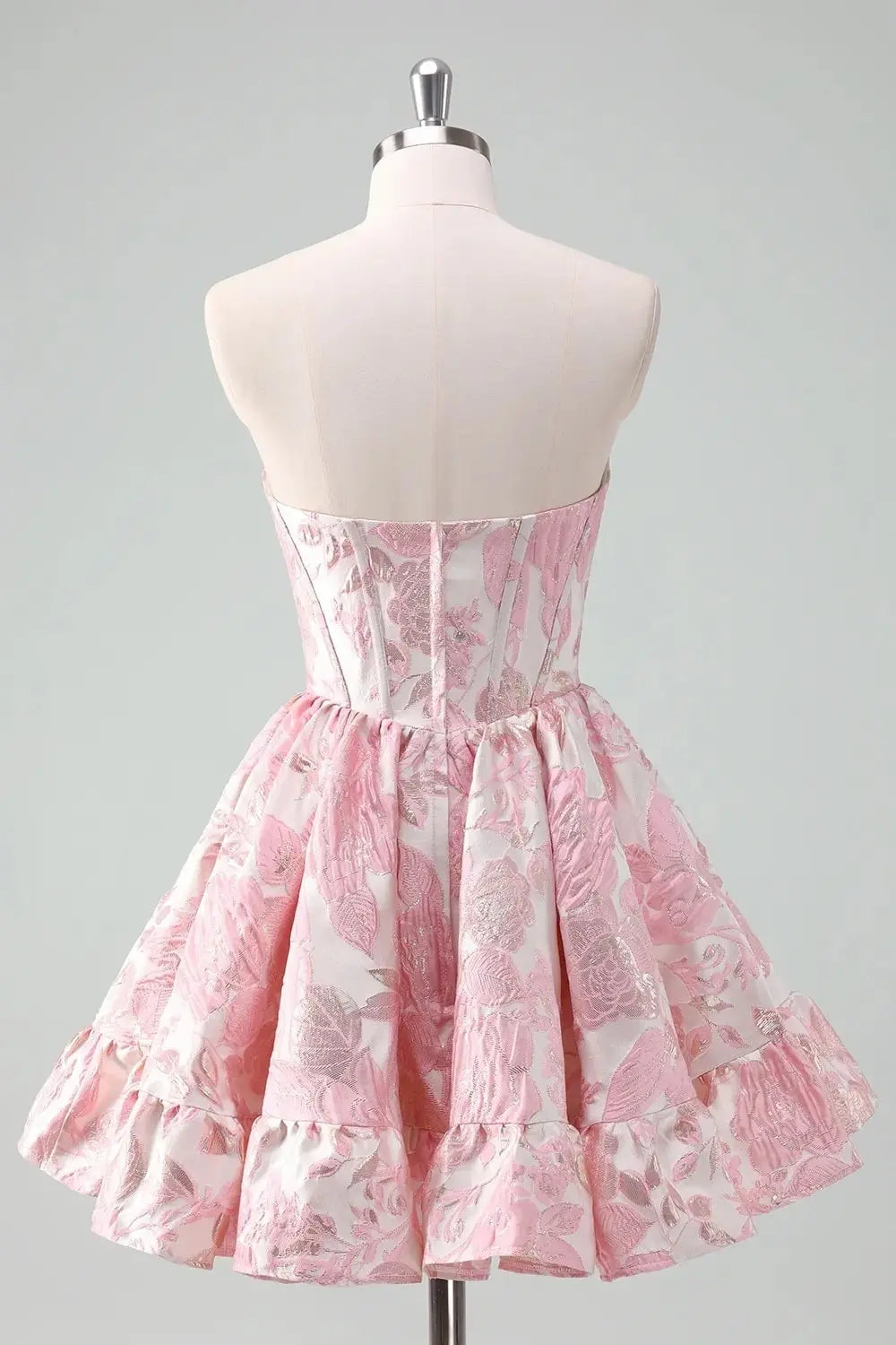 A Line Blue Strapless Floral Printed Corset Short Homecoming Dress with Ruffles