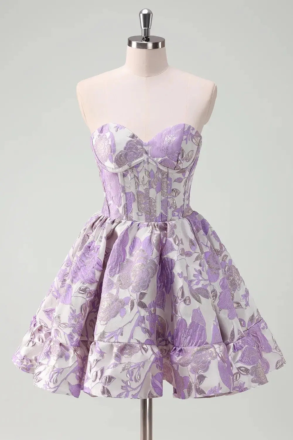 A Line Blue Strapless Floral Printed Corset Short Homecoming Dress with Ruffles