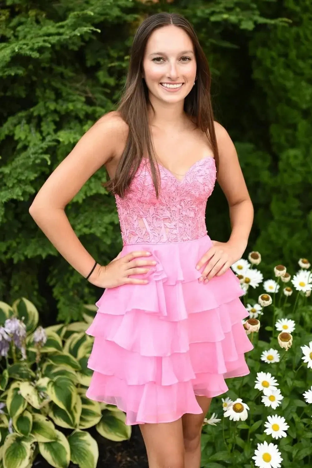 A Line Lilac Strapless Tiered Corset Short Homecoming Dress with Appliques