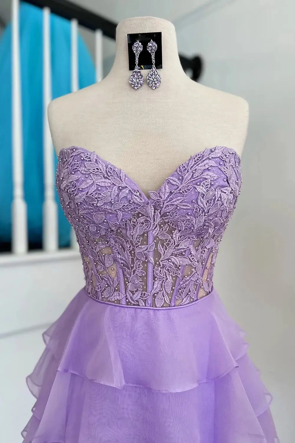 A Line Lilac Strapless Tiered Corset Short Homecoming Dress with Appliques