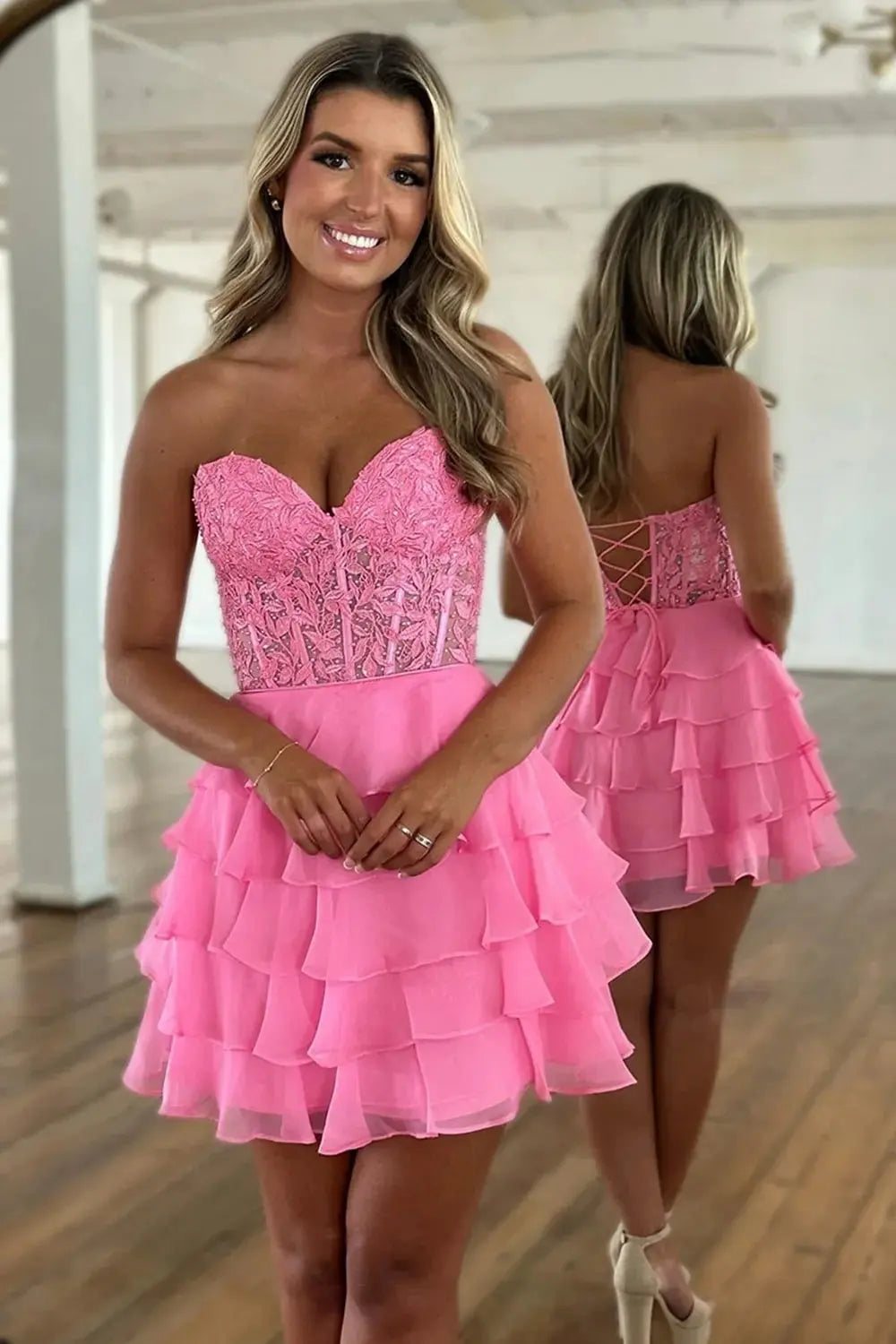 A Line Lilac Strapless Tiered Corset Short Homecoming Dress with Appliques
