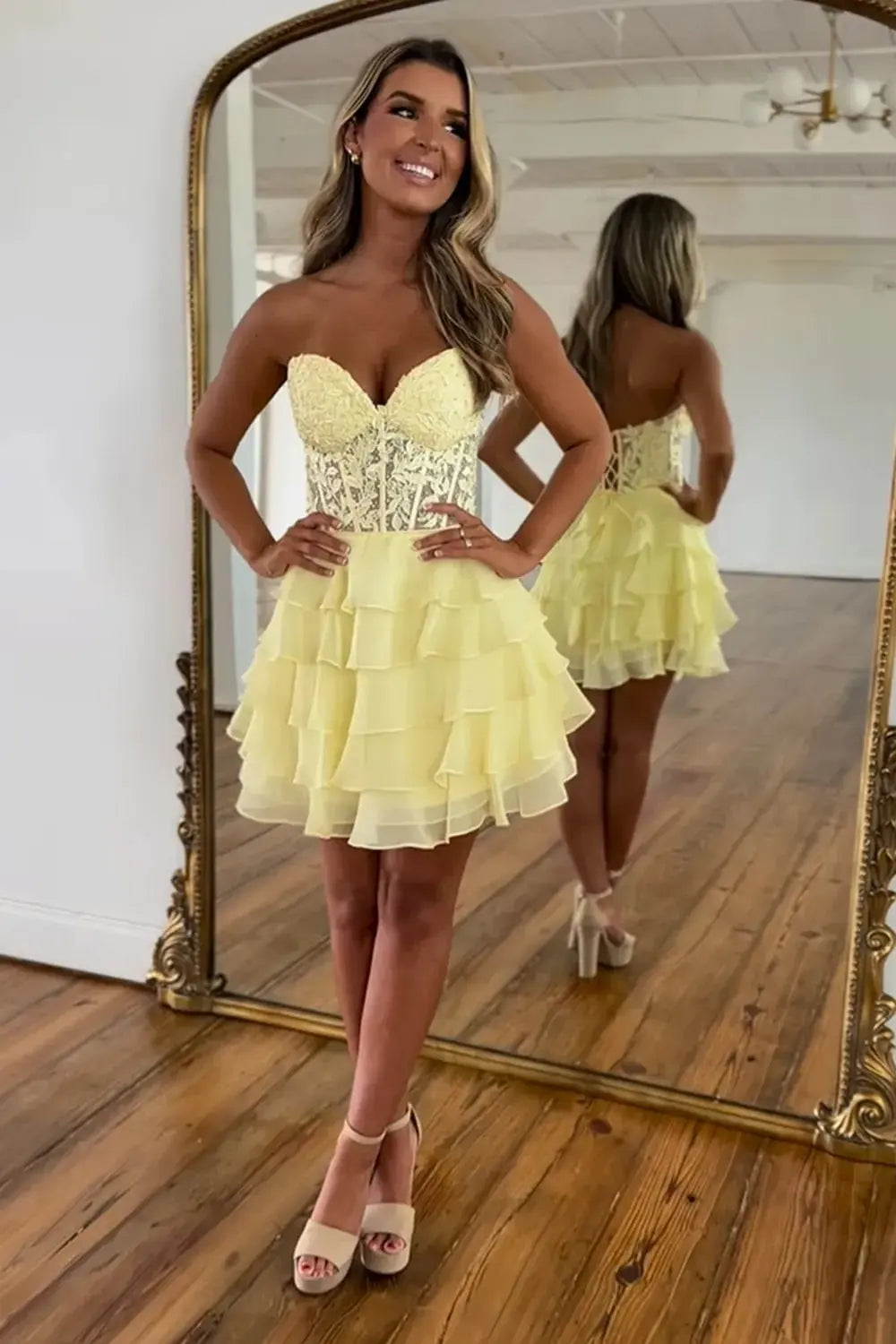 A Line Lilac Strapless Tiered Corset Short Homecoming Dress with Appliques
