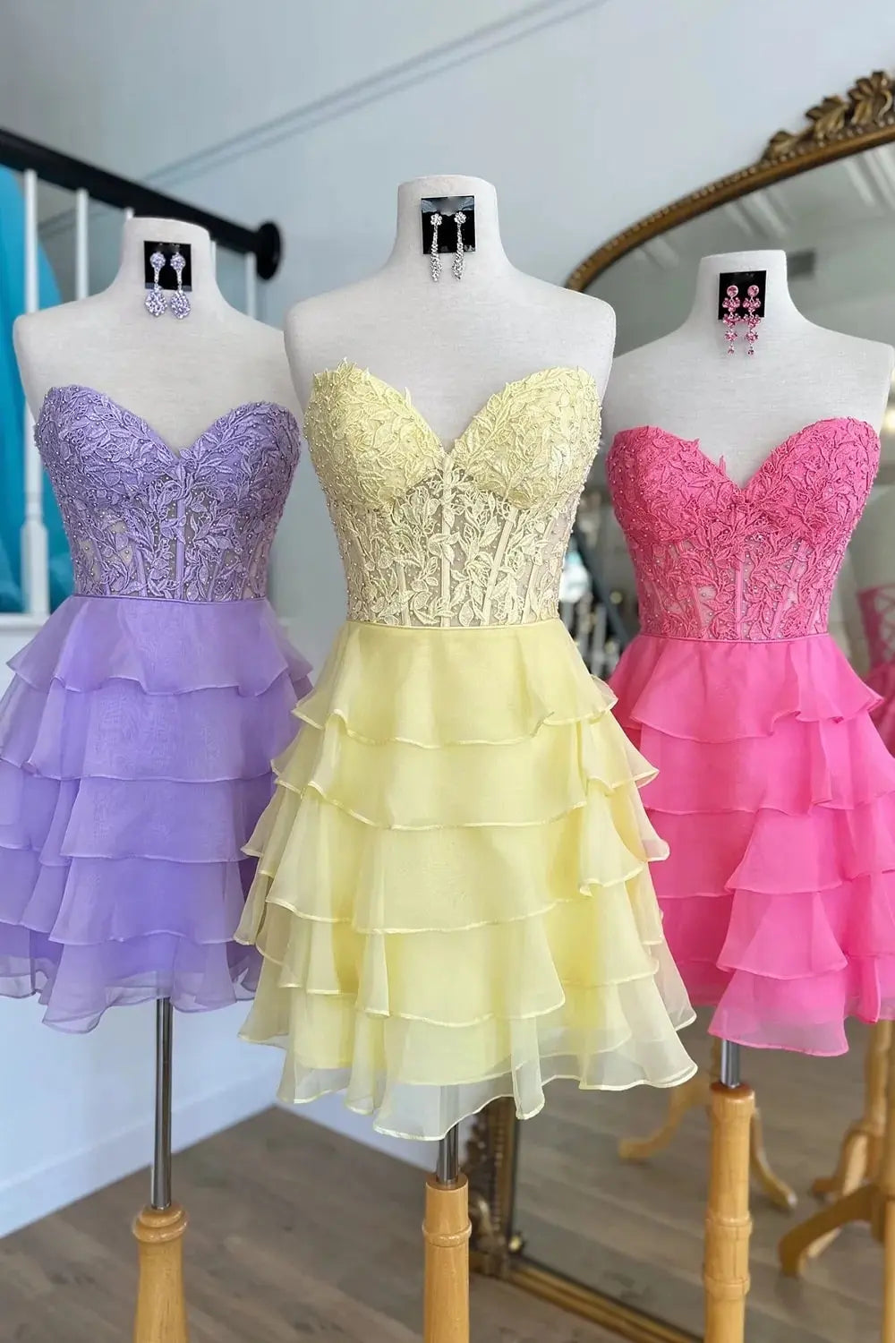 A Line Lilac Strapless Tiered Corset Short Homecoming Dress with Appliques