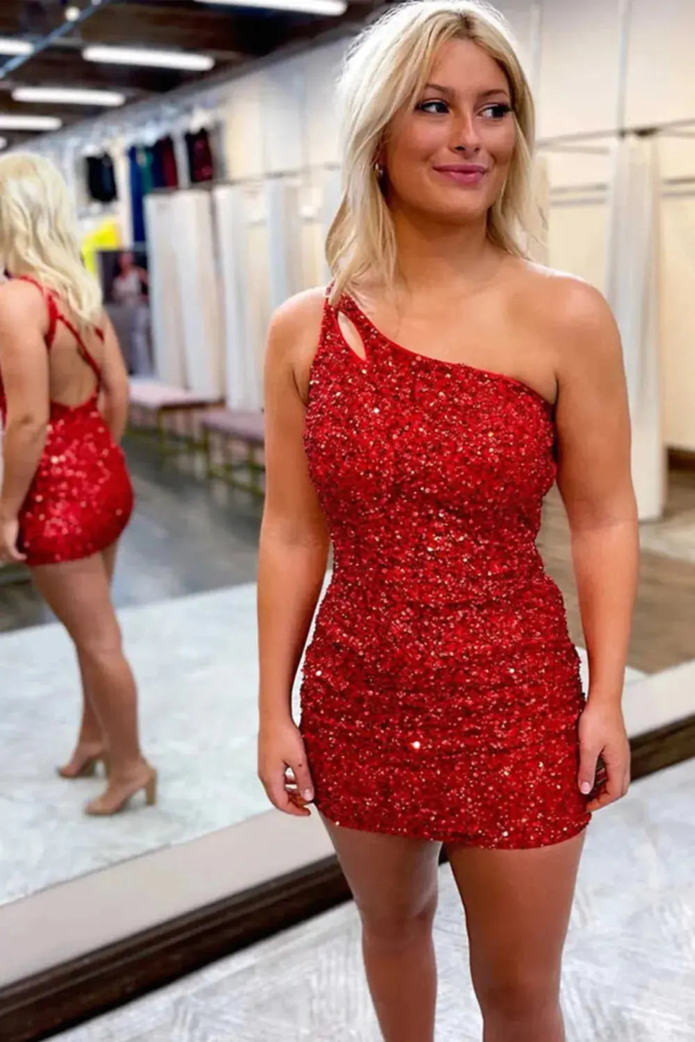 Sparkly Bodycon One Shoulder Dark Purple Sequins Short Homecoming Dress with Keyhole