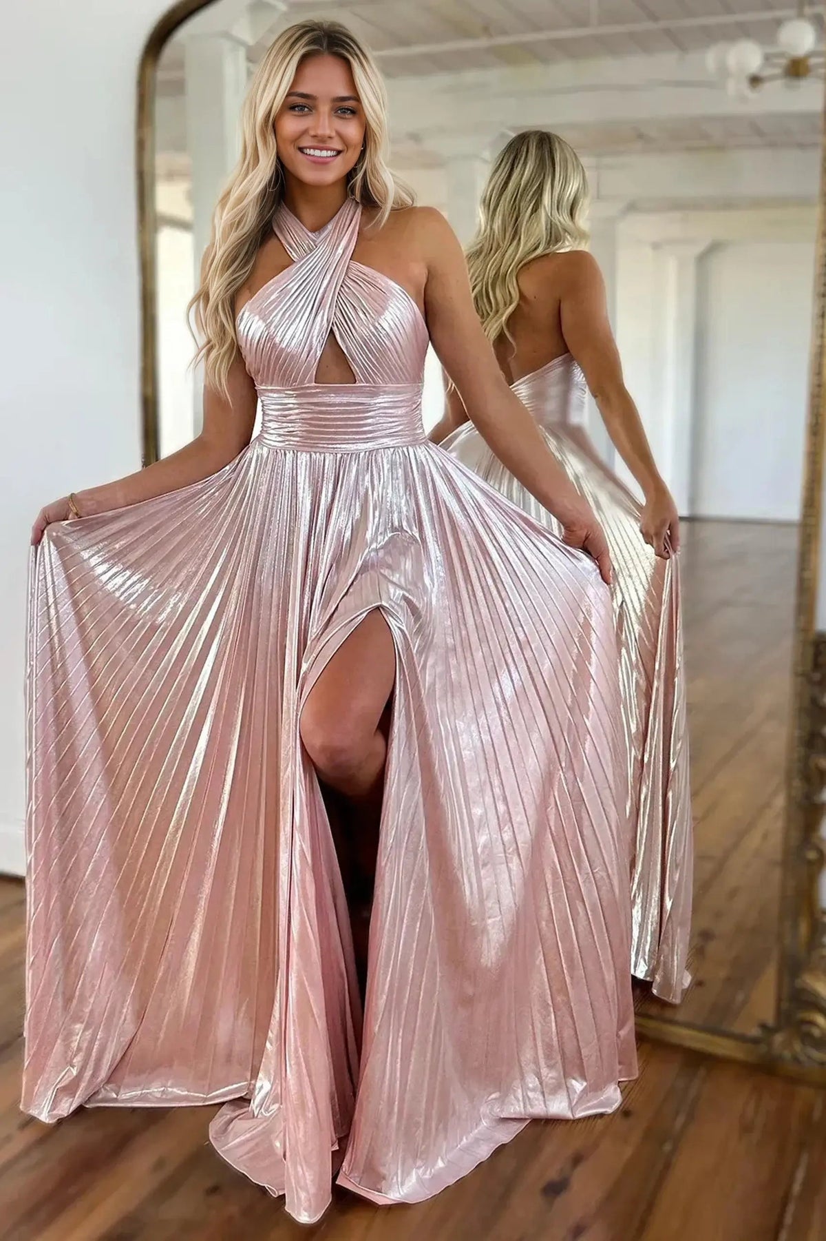 Glitter Turquoise Halter Cut Out Backless Metallic Long Prom Dress with Slit