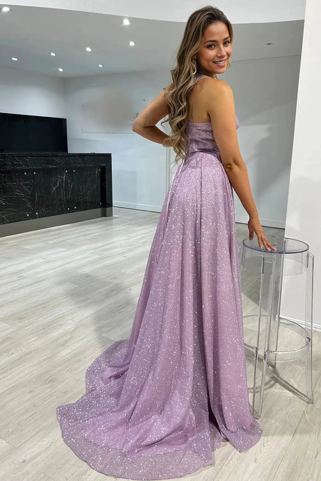 A-line Sparkly Tulle Long Prom Dresses with Slit Formal Glitter Evening Gowns