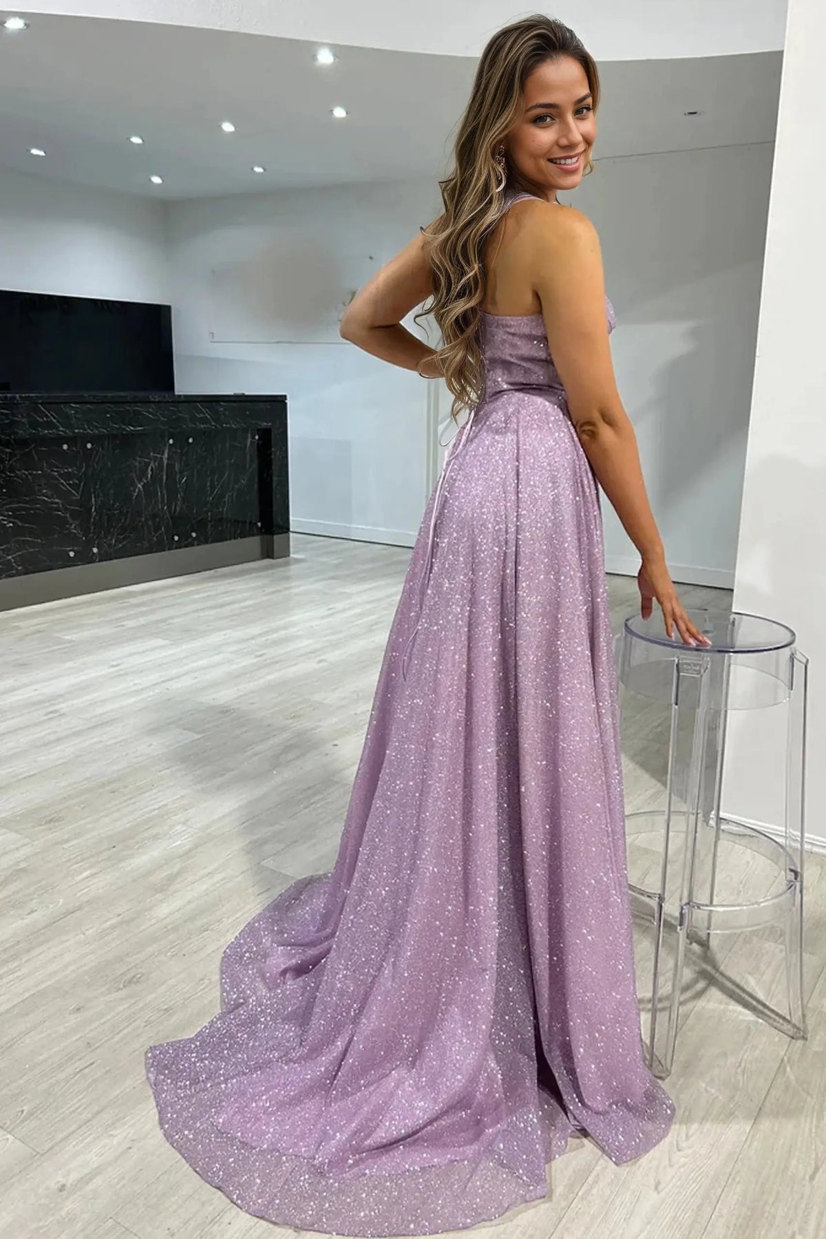 A-line Sparkly Tulle Long Prom Dresses with Slit Formal Glitter Evening Gowns