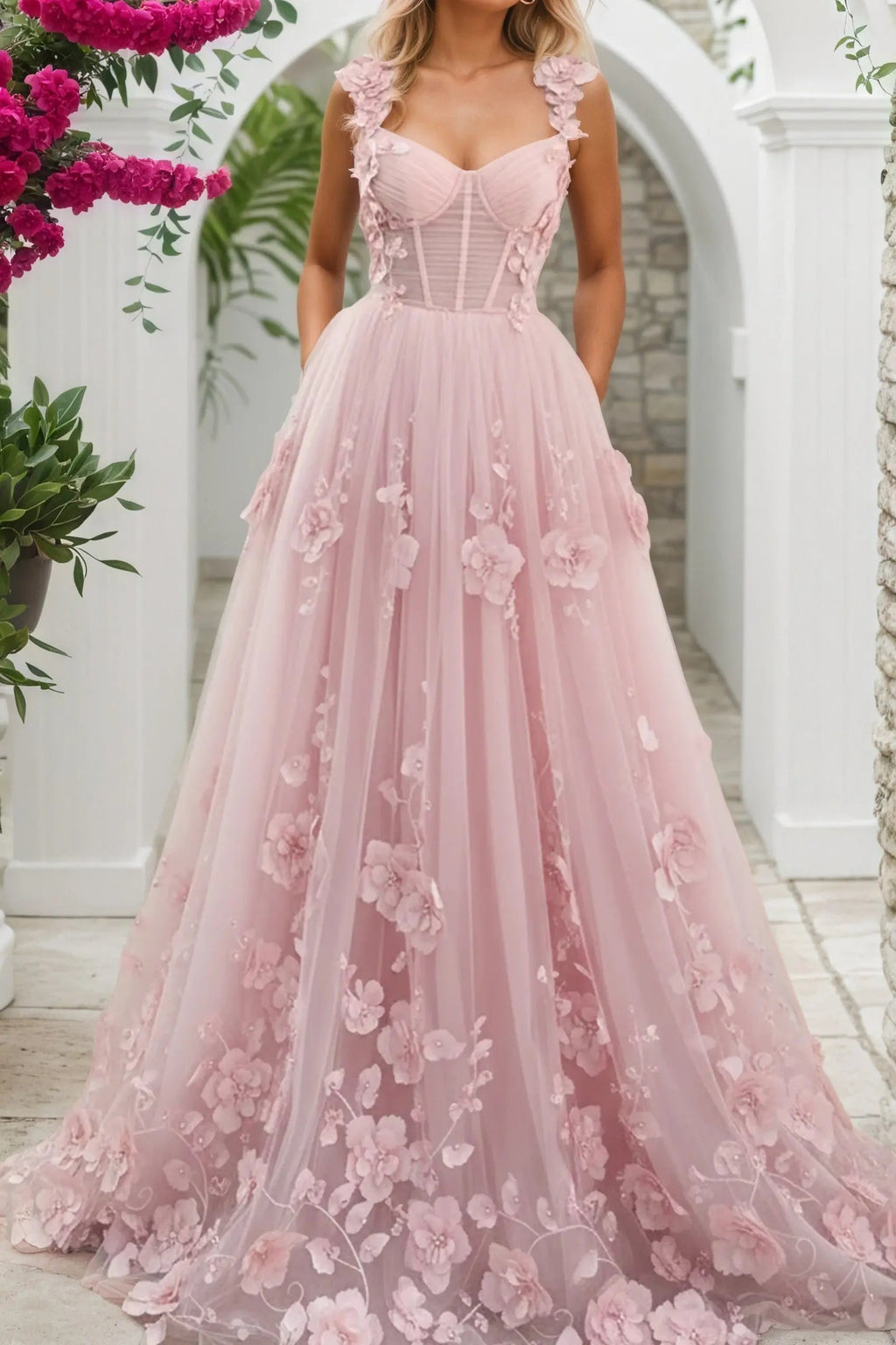 Lavender 3D Floral Lace A-Line Halter Sleeveless Long Formal Prom Dresses