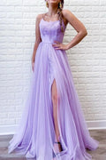 Spaghetti Straps Lavender A-Line Tulle Appliques Long Prom Dresses with Slit