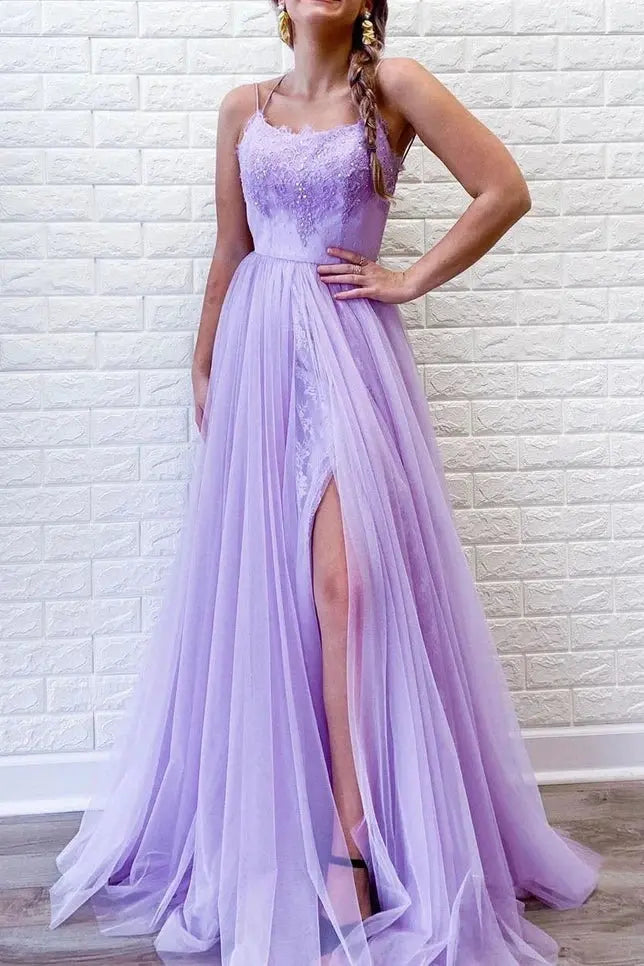 Spaghetti Straps Lavender A-Line Tulle Appliques Long Prom Dresses with Slit